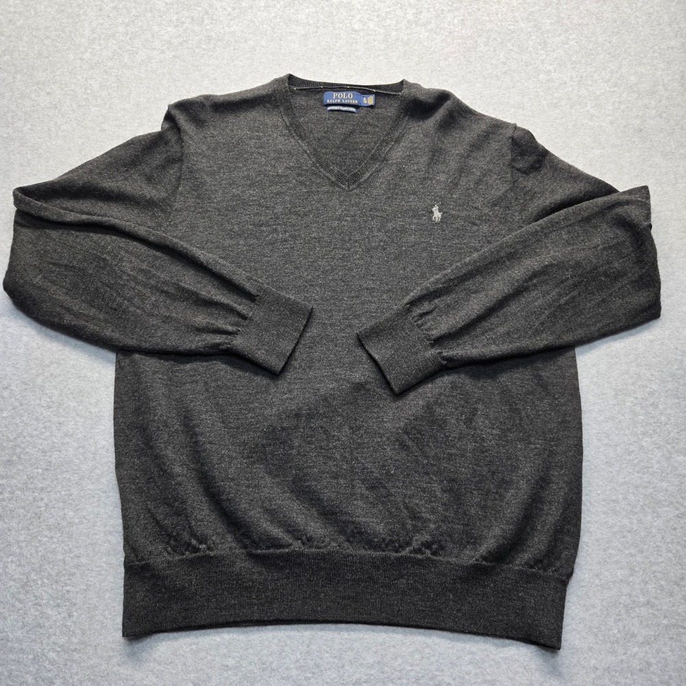 Polo Ralph Lauren Mens XL Gray Washable Merino Wool V-Neck Sweater Pony Logo